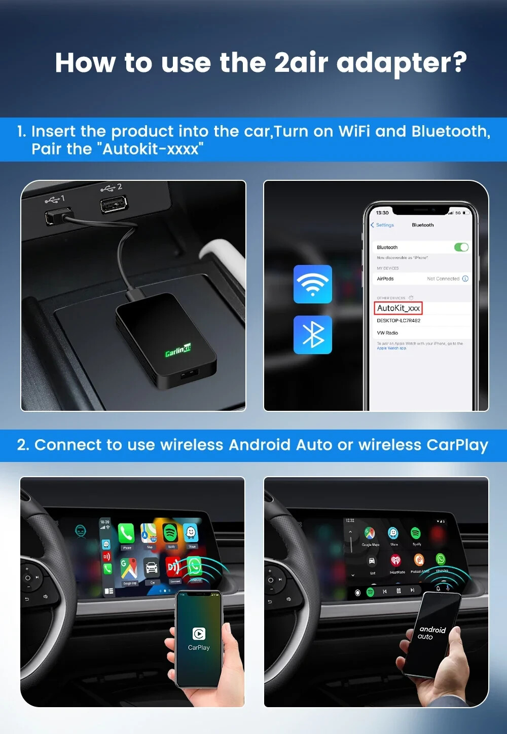 Wireless Carplay/android Auto Box 2in1, Adattatore 5.8ghz WIFI Bt5.0, Siri, GPS - Miniatura 23