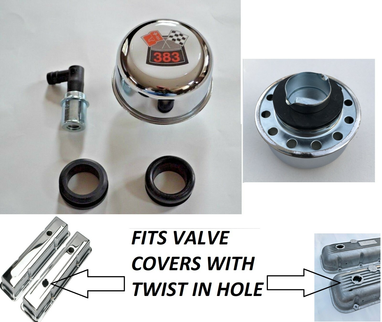 Chrome Valve Cover Breather TWIST IN CHEVY 383 FLAGS NEW 4 KIT