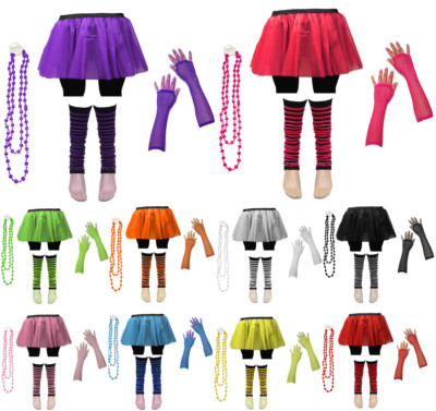 80er Neon UV Tutu Rock Stulpen Perlen Tanz Henne Kostüm Party Kostüme