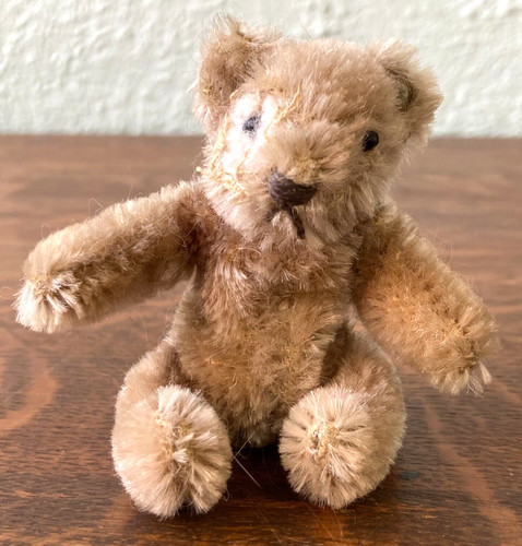Antique Steiff Mohair Teddy Bear Mini 3" Tall Button Ear Wire Bendable Brown Fur