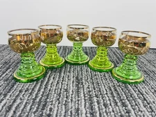 🔥 5 • Vintage • Grapes German Wine Goblets Green Glass Beehive Stem & Gold