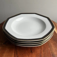 4 Christopher Stuart Large Rim Soup Bowls 'Black Dress' Fine China 9-3/8”