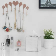 White Wood Tissue Box Cover Square with Slide Out Bottom, Facial Tissue Holder