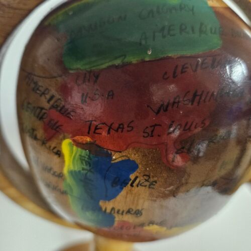 World Globe Hand Carved in Haiti Wooden Vintage Great Office Accent - Picture 8 of 10
