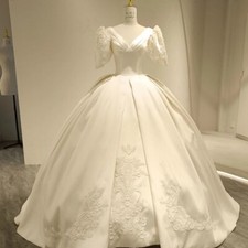 Puff Sleeves Wedding Dresses Victorian V Neck Satin A Line Elegant Bridal Gowns