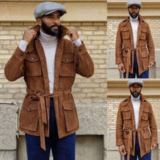 Suede Brown Safari Jackets With Belt Vintage Sports Leisure Men's Hunting Coats