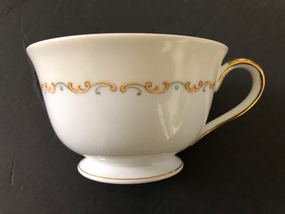 Noritake China Japan BOLERO Green Edge, Tan Scrolls, Floral Rim - TEA CUP