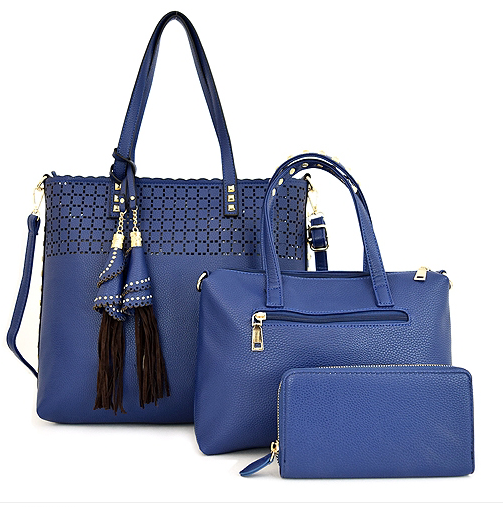 Blue Laser-Cut Studded Tote Bag with Tassel Accent 3-in-1 Travel Set-image