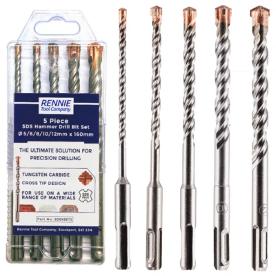 RENNIE TOOL COMPANY 5 Pack - 5/6/8/10/12mm x 160mm SDS-Plus Hammer Drill Bit Set Cross Tip 4 Cutter