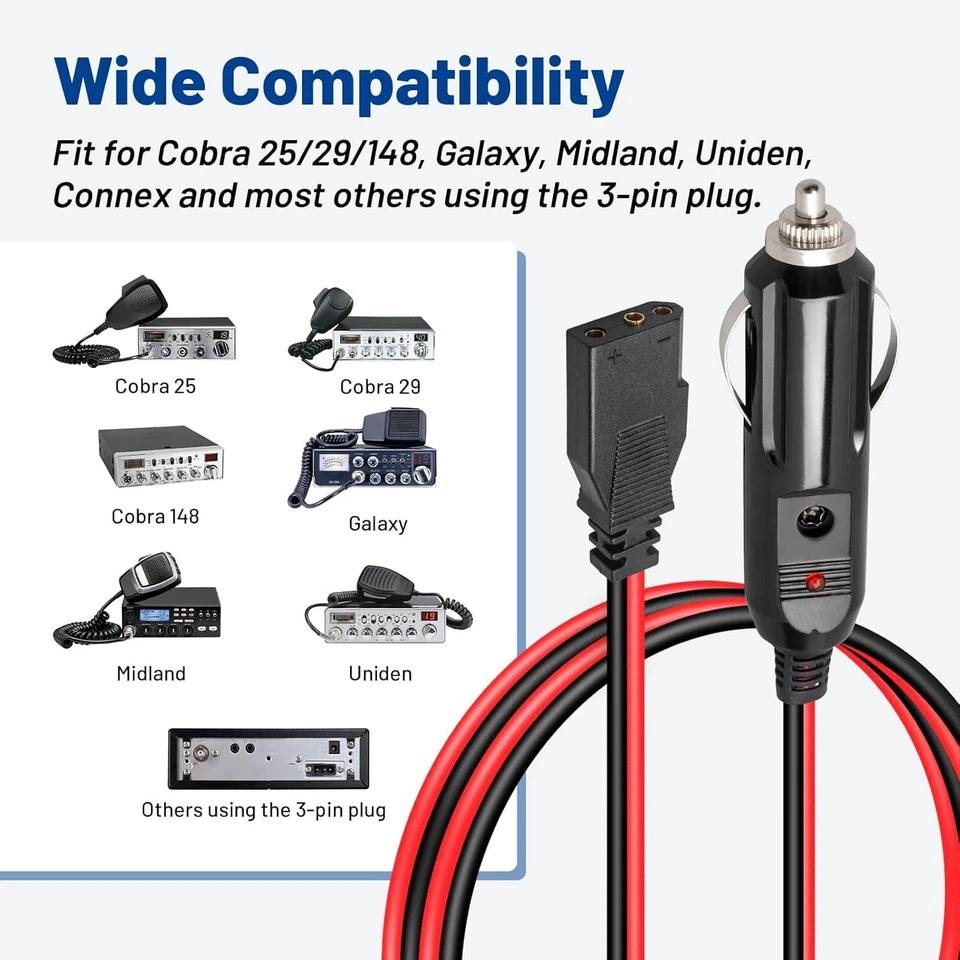2x 3-Pin CB Radio Power Cord with 1 Cigarette Lighter Socket Extension For Cobra - Image 2 of 4