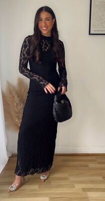 Zara Lace Midi Dress High Neck Long Sleeves Black Size XS S M 8342
