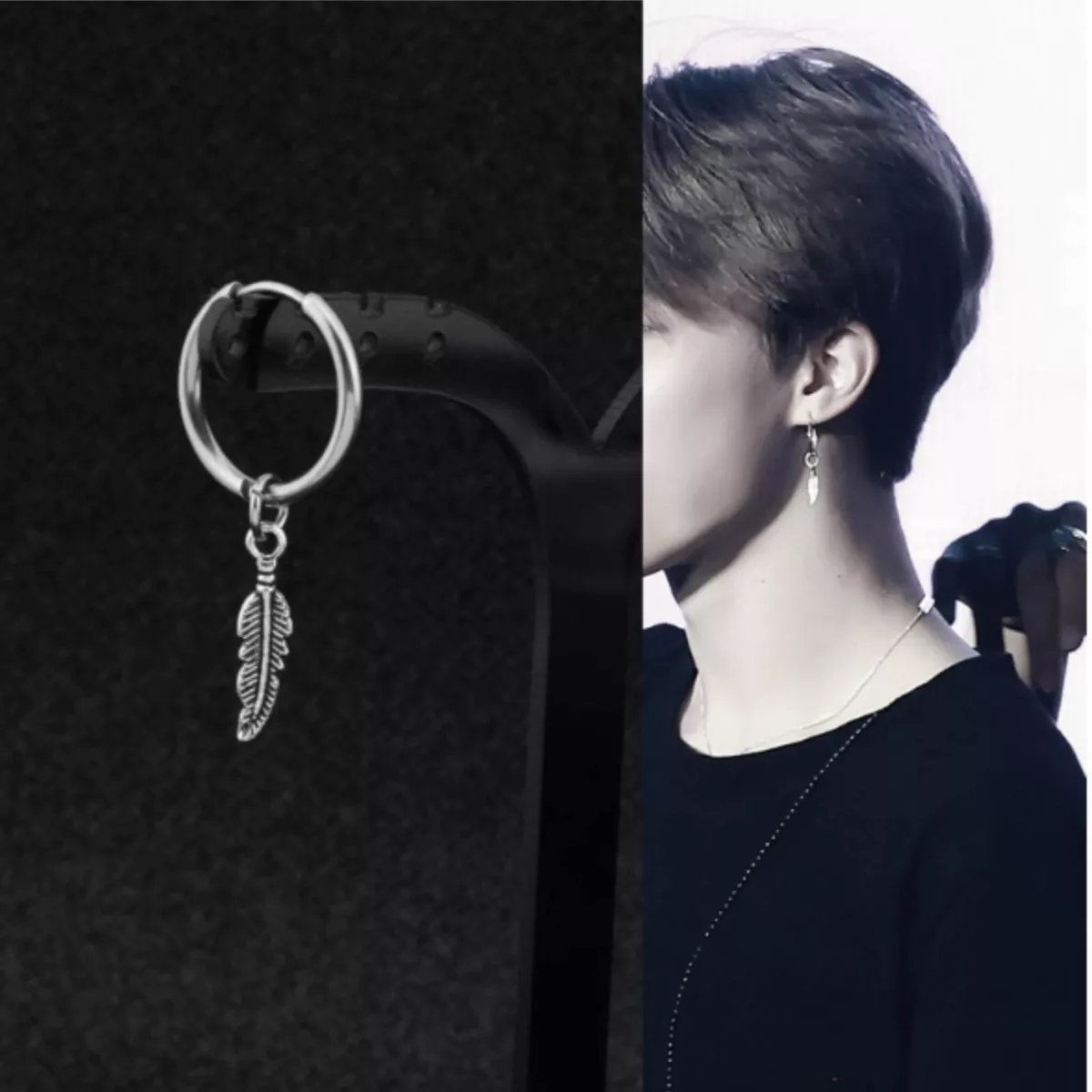Kpop Idol BTS Jimin Surgical steel Feather Pendant Earring Ear
