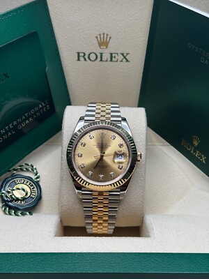 Rolex Datejust 41 Two Tone Yellow Gold Champagne Diamond Dial Fluted Jubilee