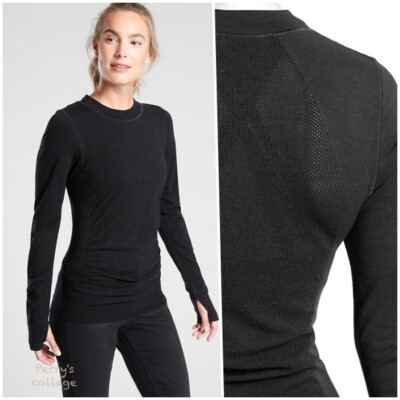 Athleta M MEDIUM Foresthill Ascent Top, Black Wool Shirt Hiking Base-layer NEW