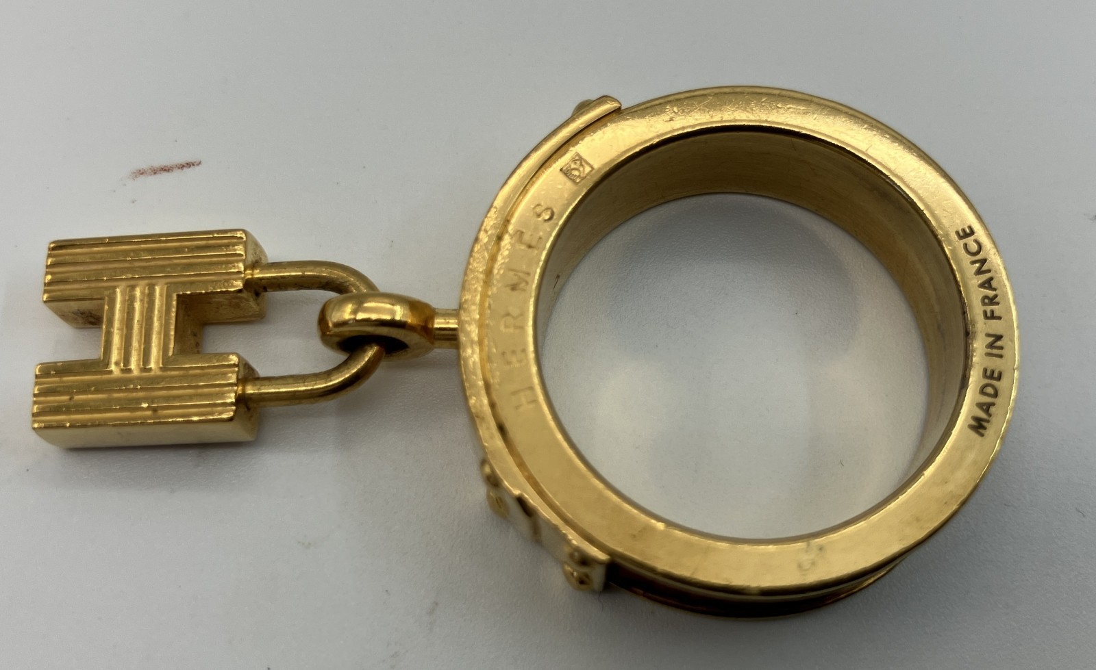 HERMES Scarf Ring Gold Tone Leather Detail Approx. 2.5cm Diameter Authentic ...