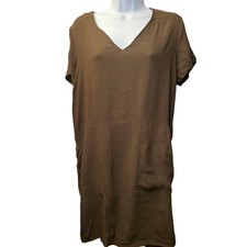 Madewell Womens V-Neck Button Back Pocket Shift Dress Olive Brown Size M