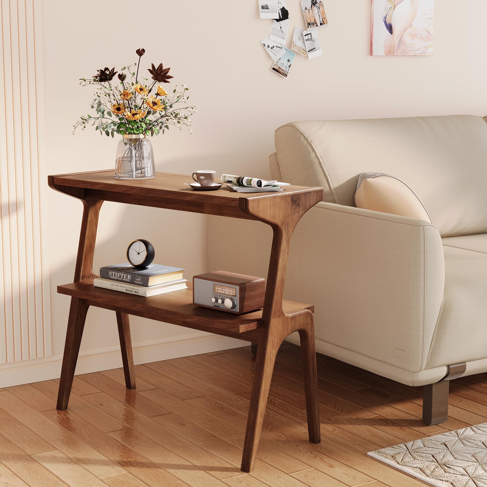 Solid Wood End Table 2-Tier Side Table with Storage Shelf Rustic Brown