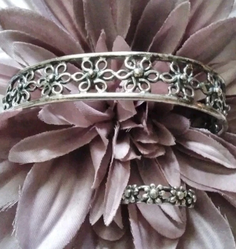 Vintage 925 Sterling Silver Openwork Floral Cuff Bracelet And Ring Jewelry Set
