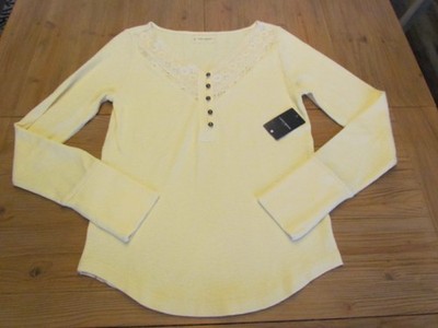 NWT Lucky Brand Women's Medium M Ivory Crochet V-Neck Ribbed Top Shirt $59.50