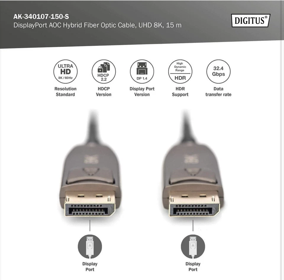 DIGITUS DisplayPort AOC Hybrid Glasfaserkabel, UHD 8K,15m AK-340107-150-S - Bild 2 von 4