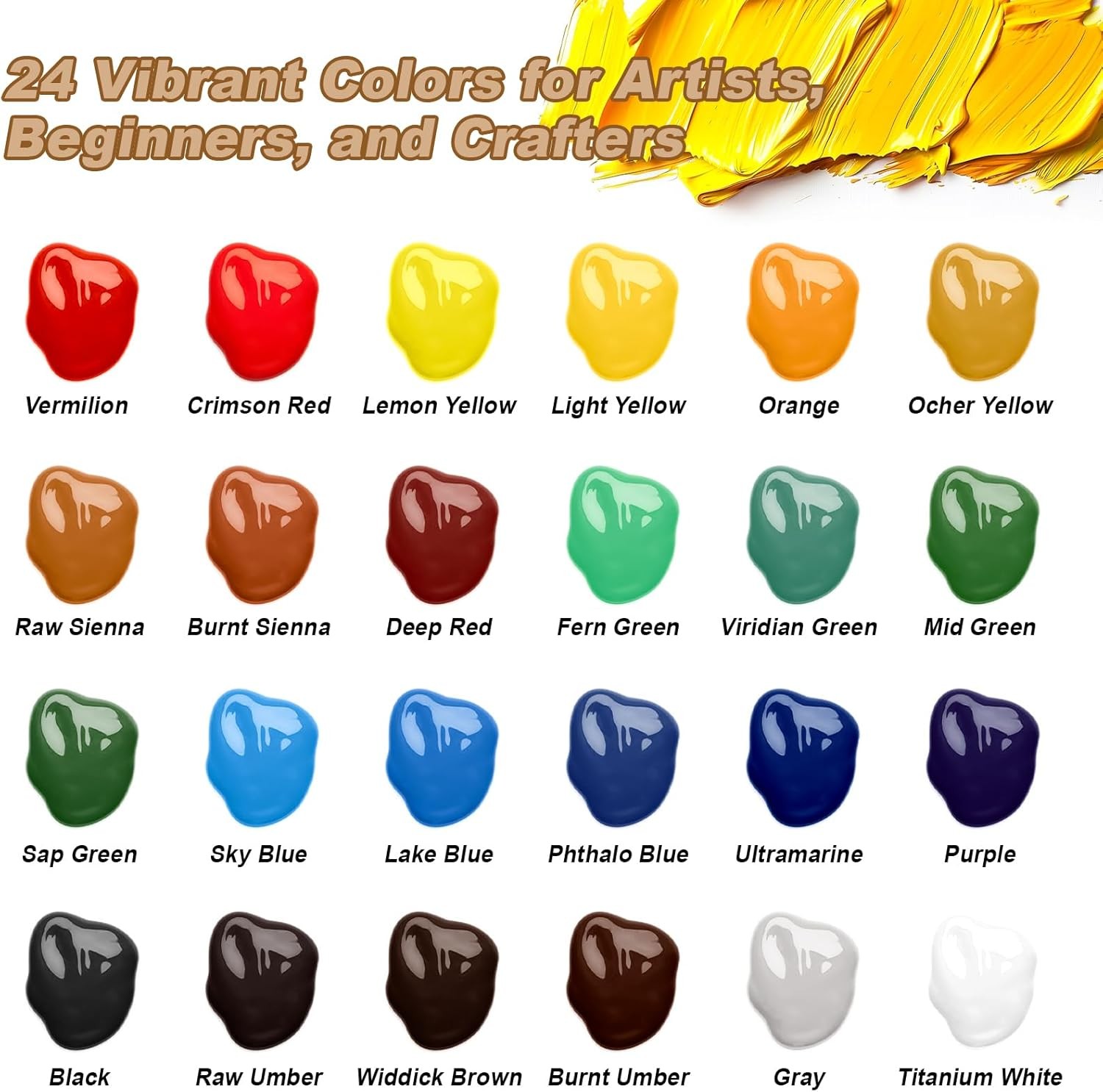 Acrylic Paint Set - 24 Colors, 20 Brushes, Non-Toxic Paint for Canvas, Wood, Roc