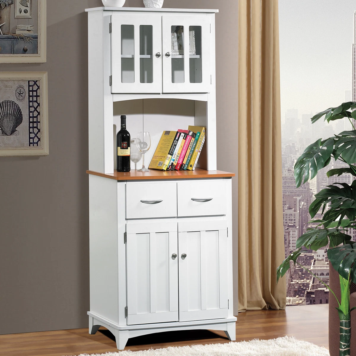 White Wood Tall Microwave Cart Kitchen Storage Cabinet Cupboard