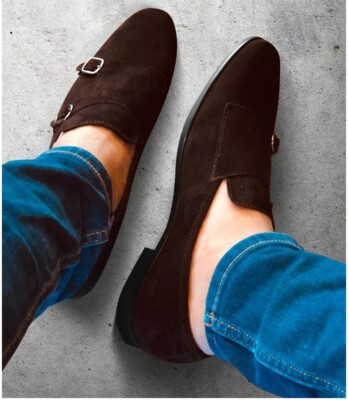 Handmade Men Chocolate brown Suede formal monk Shoes, Men Suede dress shoes  | eBay