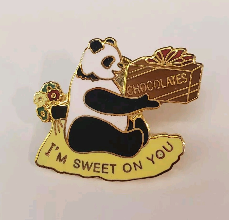 I'm Sweet On You PANDA BEAR Sweetest Day Chocolates & Flowers Lapel Hat Pin