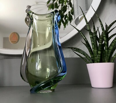 Vintage Glasvase Vase Glas grüngelb blau Czechoslovakia Karlovarske Sklo Mstisov