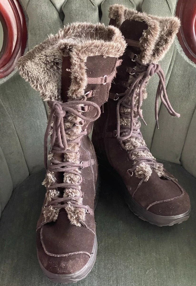 Skechers SN 11812 Shape-Ups Women’s Lace-Up Faux Fur Suede Boots Brown US