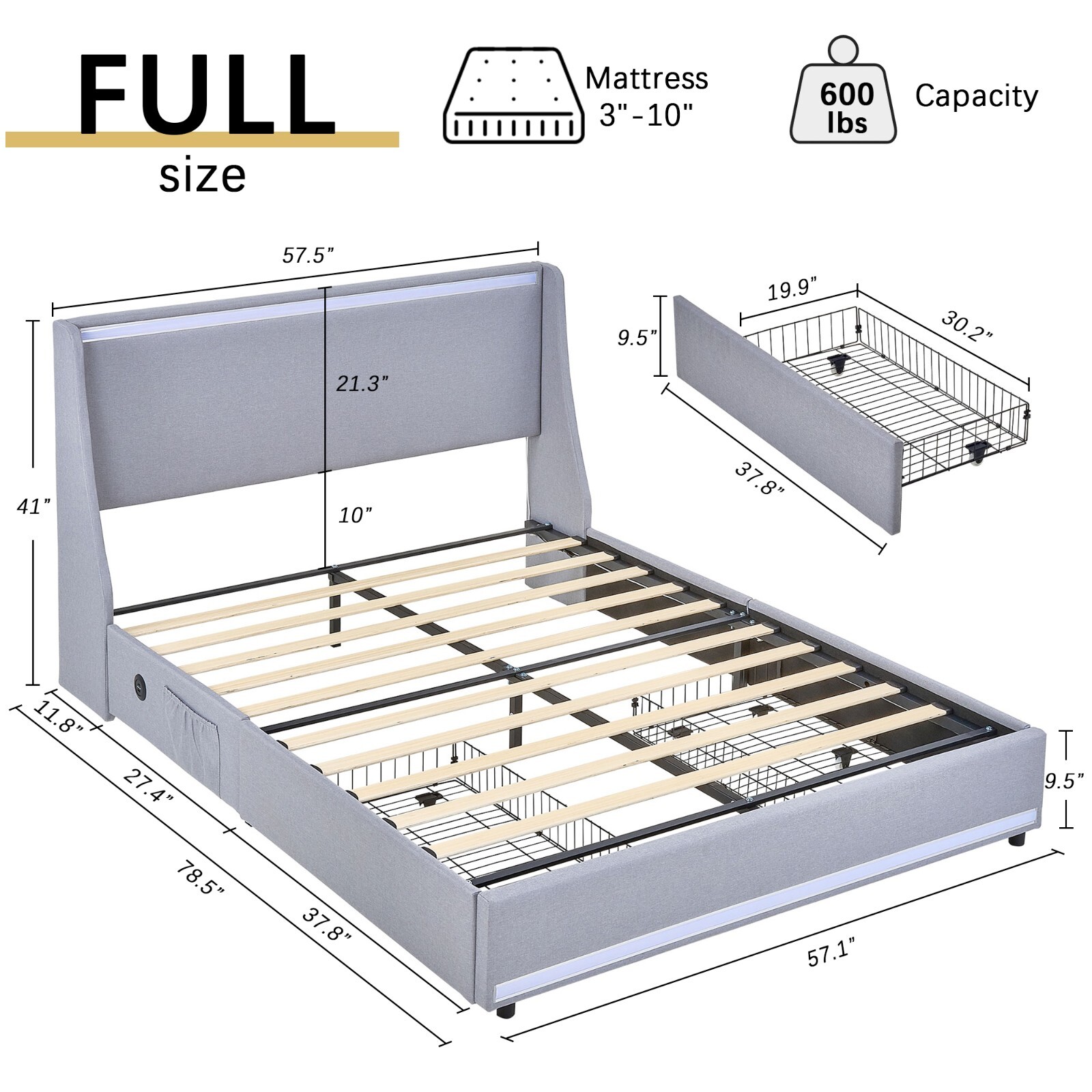 With Led Light And Charging Station 2 Drawers & Pocket