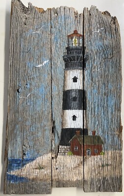Original Acrylic Painting on Driftwood Lighthouse Folk Art 23x14''