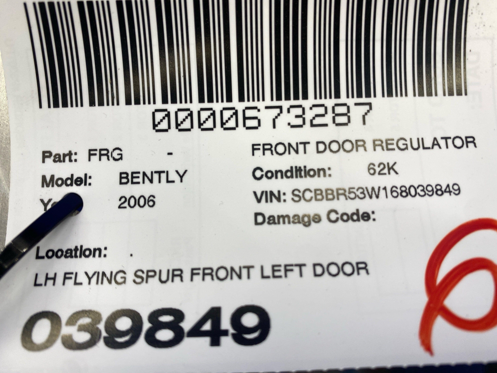 2006-2012 BENTLEY CONTINENTAL FLYING SPUR FRONT LEFT DOOR WINDOW GLASS REGULATOR