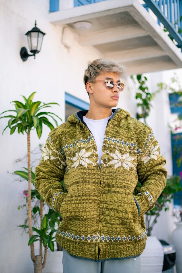 Warm Hippie Jacket Double Knitted Thick Wool Fleece Lined Hoodie Coat Nepali - Image 3 of 4