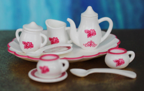 Miniature doll Tea set 12pc Pink White Barbie Cup Teapot Tray Saucer Party Favor