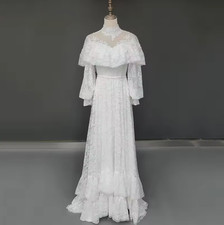 White Flower Lace French Princess High Neck Wedding Dresses with Puff Sleeves