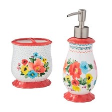 2 Piece Ceramic Bath Accessories Set Toothbrush Holder Soap Dispenser Stoneware