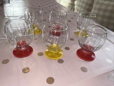 Vintage Art Glass Goblets Set 6 Red Yellow Bases Sundae Dessert Glasses Retro