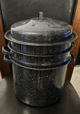 Enamelware 4 Piece Double Boiler Steamer Stock Pot Blue Speckled  Excellent 