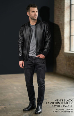 Men's New Black Lambskin Leather Bomber Jacket Genuine Leather Casual Outerwear