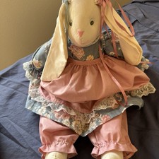Vtg Handmade Country Bunny Rag Doll Floral Pink Apron  Farmhouse 1980s Style