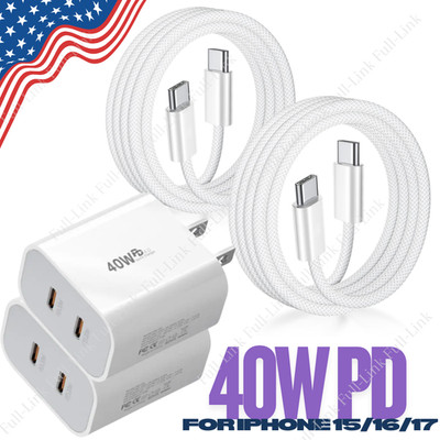 2x Dual USB-C Fast Charging For iPhone 15 16 17 Pro Max 40W Cube PD Type-C Cord