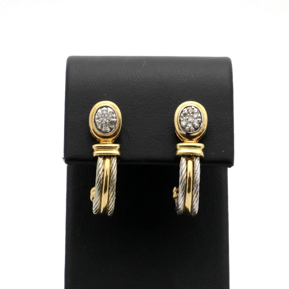 Vintage 1980s 14K Two-Toned Gold Cable & Diamond (.22 TCW) Earrings-.80”L - Image 4 of 4