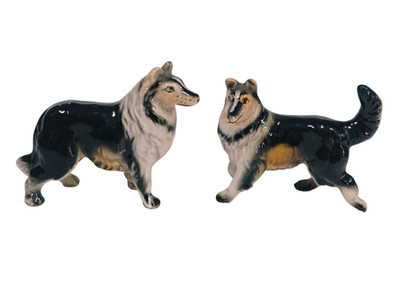 2 Pcs Vintage Old Antique Beautiful Collie Dog Porcelain Enamel Figure / Statue