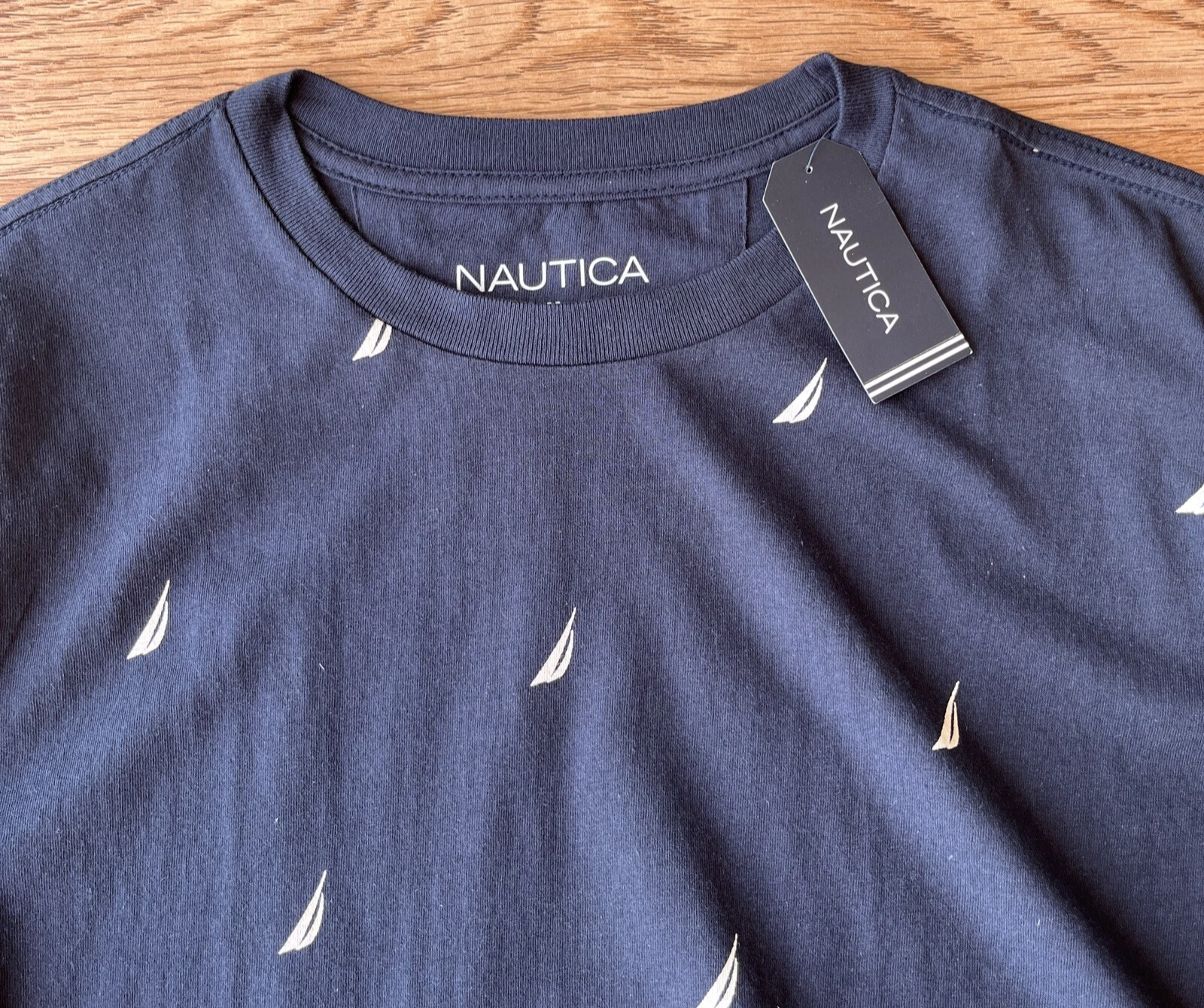 Nautica Men's T-Shirt Size Medium Navy Blue All Over Logo Print Crew Neck NEW image 5
