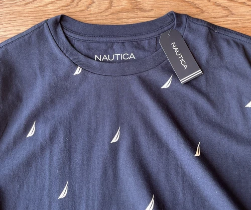 Nautica Men's T-Shirt Size Medium Navy Blue All Over Logo Print Crew Neck NEW image 5