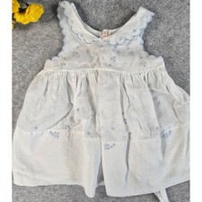 Vintage White Cotton Hand Embroidered Baby Dress Scalloped Blue Trim 0-3m