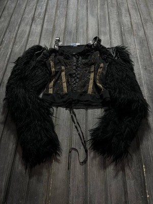 Rick Owens Style Cultura Italy Gothic Faux Fur Sleeve Corset Top Black Rare Y2K