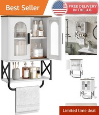 Wall Mount Storage Cabinet with 2 Glass Doors Hanging Rod, White/Walnut
