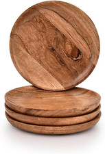 Dinner Plate Acacia Wood round Set of 4 Wooden Plates Eating Salad Fruit Food